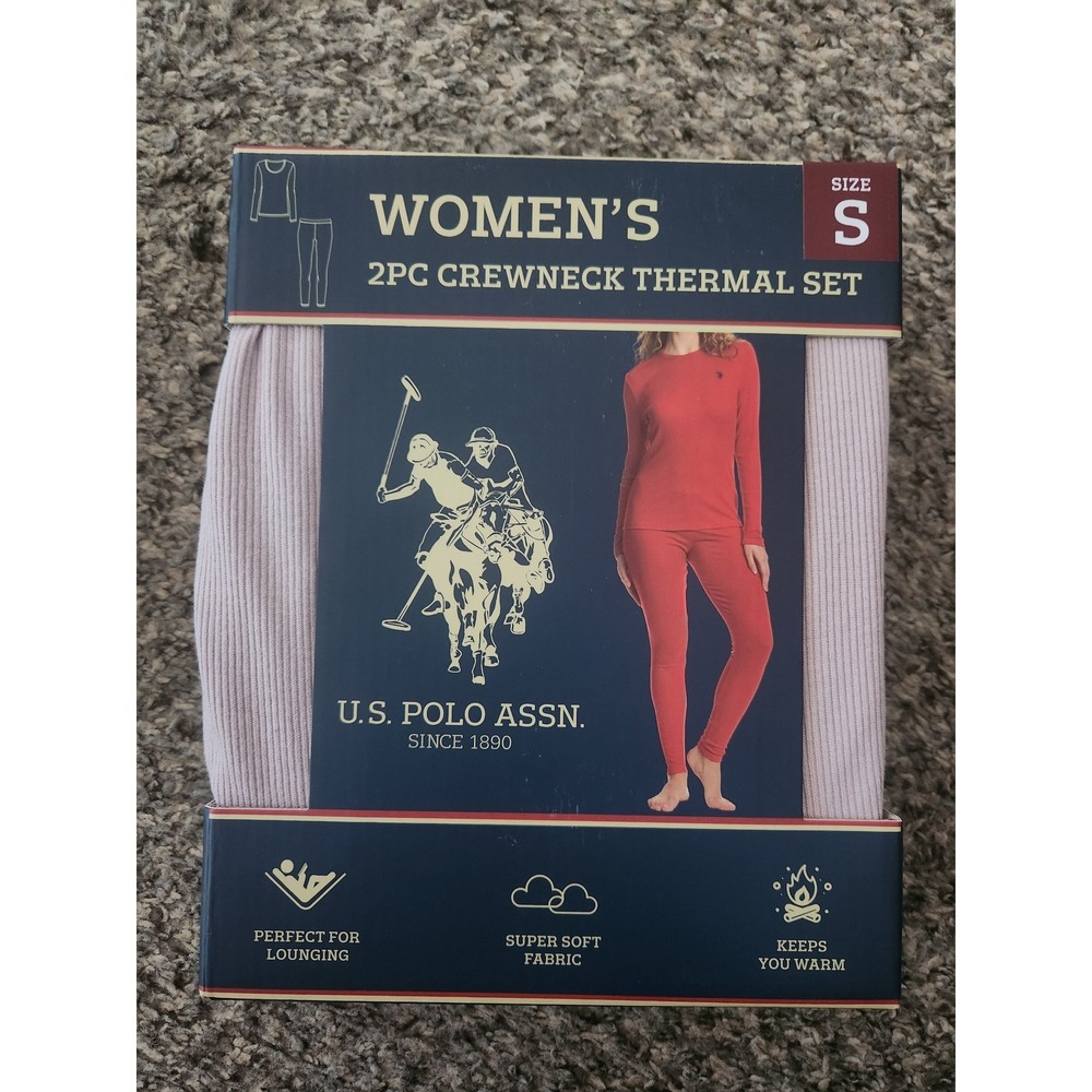 US Polo Assn Womens 2PC Crewneck Thermal Set Truffle Pink Ribbed Base Layer S - Picture 1 of 2